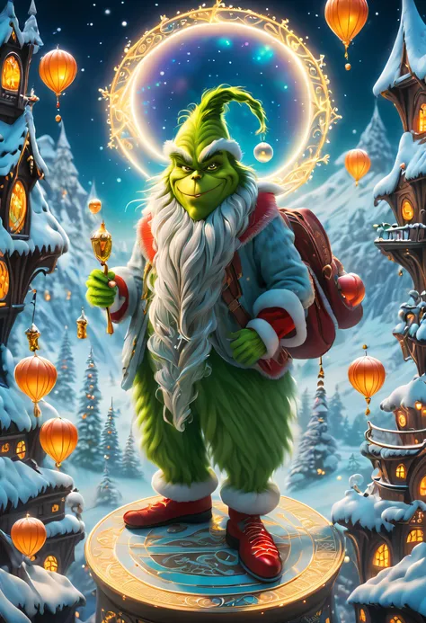 （tarot cards：1.5，rotary symmetrical），(tmasterpiece),（ultra - detailed：1.3），Best quality，（Sparkling:1.2），（christmas world），((The Grinch: 1.2，Evil smiled: 1.2)),（the moon is empty)，The Grinch dressed as Santa Claus，Teach with a wand，natta，sky sky，moon full，w...