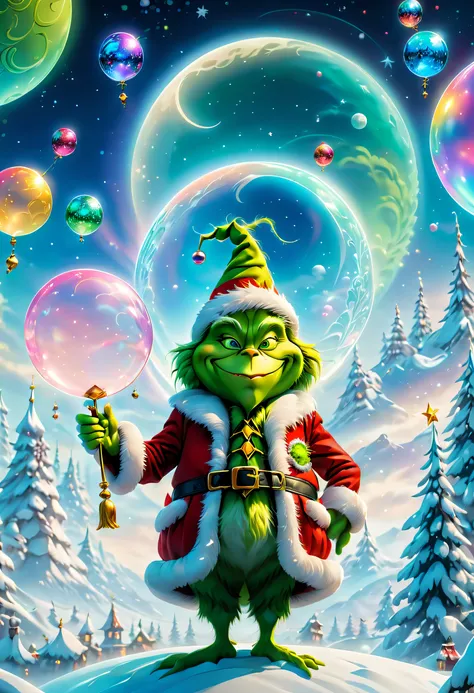 （tarot cards：1.5，rotary symmetrical），(tmasterpiece),（ultra - detailed：1.3），Best quality，（Sparkling:1.2），（christmas world），((The Grinch: 1.2，Evil smiled: 1.2)),（the moon is empty)，The Grinch dressed as Santa Claus，Teach with a wand，natta，sky sky，moon full，w...