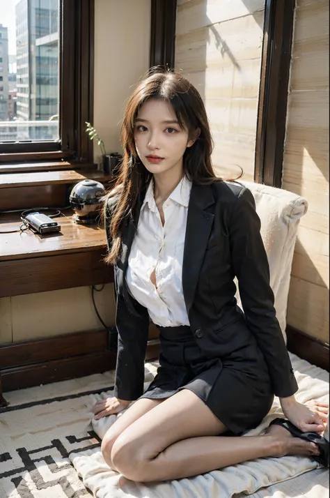 1 girl sitting on an office chair，Computer,(European model:1.3),31 years old,Exquisite,Business womenswear,(jaket:1.1),(The shirt:1.1),(Wrap skirt:1.1),jewely,knitwear,stocklings,Black stockings，goosebumps,goose-flesh，（Fidelity：1.3），filigrees，quality，（tmas...