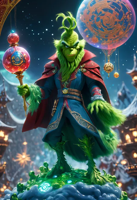 (tmasterpiece),（ultra - detailed：1.3），Best quality，（Sparkling:1.2），（Marvel Universe Doctor Strange World），(The Grinch wears Doctor Strange clothes: 1.3),（the moon is empty)，The Grinch dressed as Doctor Strange，Teach with a wand，natta，sky sky，moon full，with...