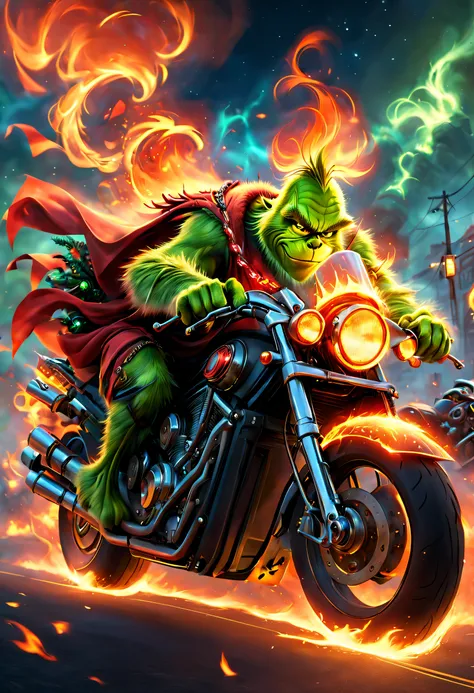 offcial art， Unity 8k壁纸， ultra - detailed， Beautiful and beautiful， tmasterpiece， Best quality， 1.4x more realism，Christmas dream night，The Grinch biker，The Grinch has fire in his eyes，Burning chains are wrapped around its body，fire element，composed of fir...