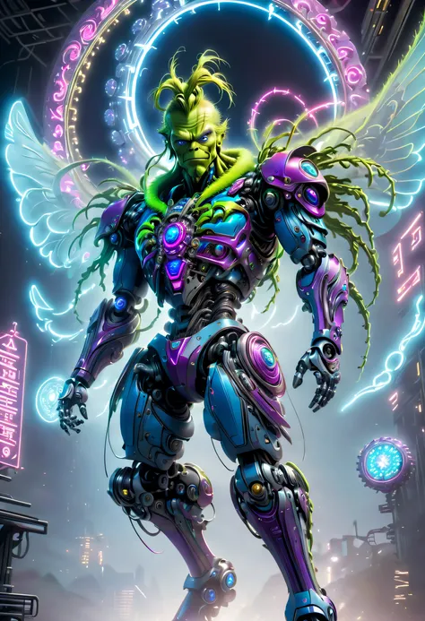 (Best quality at best, 8K,A high resolution,tmasterpiece:1.2),ultra - detailed), A futuristic，(The Grinch), (full body shot of: 1.5), Colorful neon lights, High-tech mechanical parts, Metal legs, Detailed facial design, suspended in mid-air,Electric blue a...