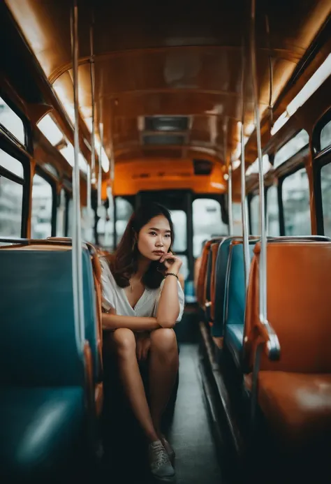 asian posing on bus in bangkok , instagram