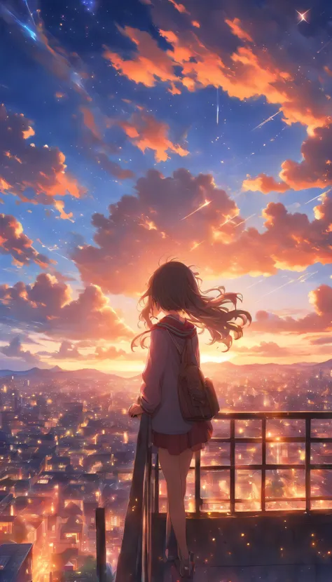 The scenery is the main thing。High quality in every detail。you are on the roof of the school。Beautiful woman looking up at the sky。A woman with a mature impression。evening glow。Fantastic sky。Clear sky。fantastic。fantastic landscape。