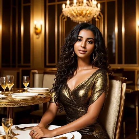 realistic photograph, 1 woman, arabic woman, 20 year old woman, beautiful woman, dark skin, dark eyes, long dark curly hair, dimples, extravagant gold dress, sitting in fancy restaurant