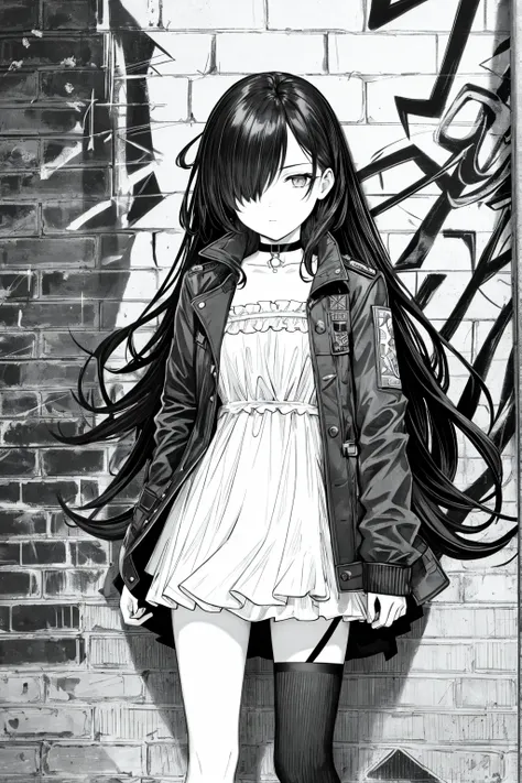 best quality, intricate details, lineart, monochrome,

1girl, long hair, black hair, messy hair, hair over one eye, sharp eyes, 

choker, shirt, torn legwear, open jacket, 

against wall, brick wall, graffiti, full lighting, alley