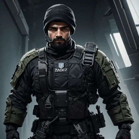 call of duty warzone, homem branco, 30 anos de idade, metade do corpo pra cima, uniforme cor preta, capacete com microfone, com equipamentos de guerra, gola alta