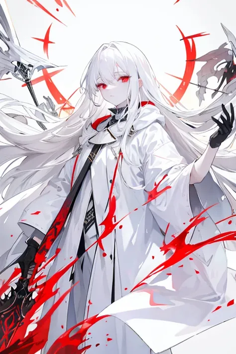 White hair, Fair skin, Albino women,  Long hair, White clothes, coat, spear, Sign of holding a weapon with one hand, expressionless red eyes