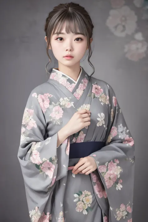 (((gray floral background:1.3)))、Best Quality, masutepiece, High resolution, (((1girl in))), sixteen years old,(((Eyes are gray:1.3)))、Gray kimono、((beautiful gray kimono)), Tindall Effect, Realistic, Shadow Studio,Ultramarine Lighting, dual-tone lighting,...