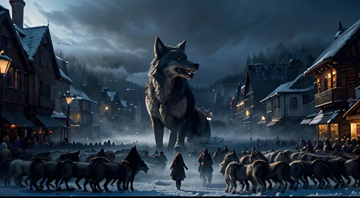 Giant wolf with countless  ofhis offsprings, Fenrir, fantasy, horror, mysterious, foggy, frozen North, dancing in village, swarming, epic,  too many wolves, epic fantasy concept art, midnight, party