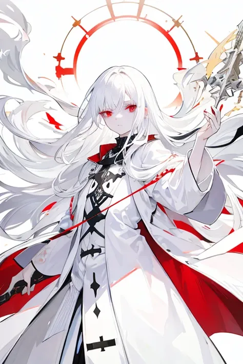 White hair, Fair skin, Albino women,  Long hair, White clothes, coat, spear, Sign of holding a weapon with one hand, expressionless red eyes