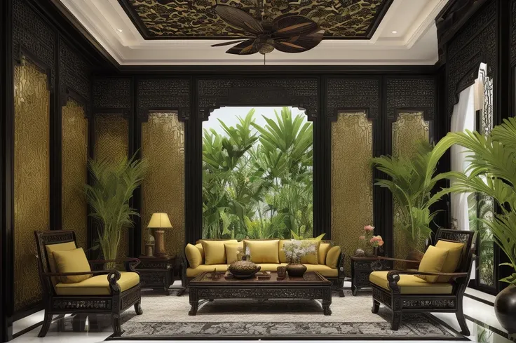 (( masterpiece)) (( ultral realistic)) (( sharp forcus)) (( high detail)) livingroom in indochina style,china , vietnam, black w...