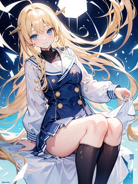 light golden hair，Light crystalline blue eyes，Hair scattered on the shoulders，The hairpin stuck on the right side of the head，Sailor uniform uniform school uniform，Black over-the-knee stockings，Expose your ears，Innocent smile，Girl in good shape，Big breaste...