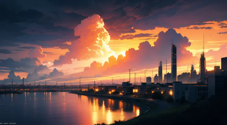 scifi city surrounded by storm clouds at sunset (retrotide:1)