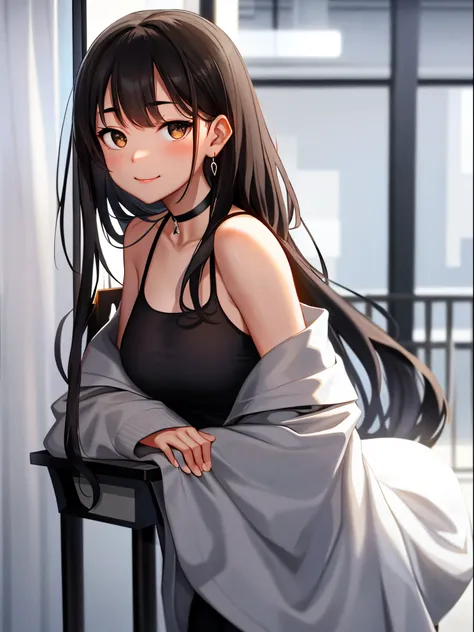 same， girl， Take a step back， exposed bare shoulders， 黑The eye， dark circles， Brown hair， ear nipple ring， jewely， Open your lips， Long gray hair， looking at viewert， back to look back， choker necklace， cropped shoulders， The lips are slightly open， sporty...