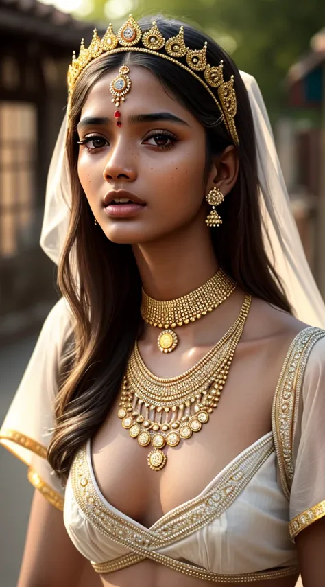 young Indian girl, 18-year-old,  gentle sun lighting on face , village mood , old cloths about to get ripped , village girl vibe, intricate facial details, full body picture, wears crown, necklace and jewels, cinimatic pose flawless complexion, top-notch 3...