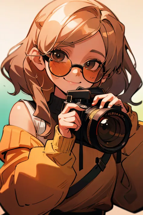 balayage ombre hair, 1 Girl, cute face, happy, sweater, holding a camera(model, wearing black sunglasses