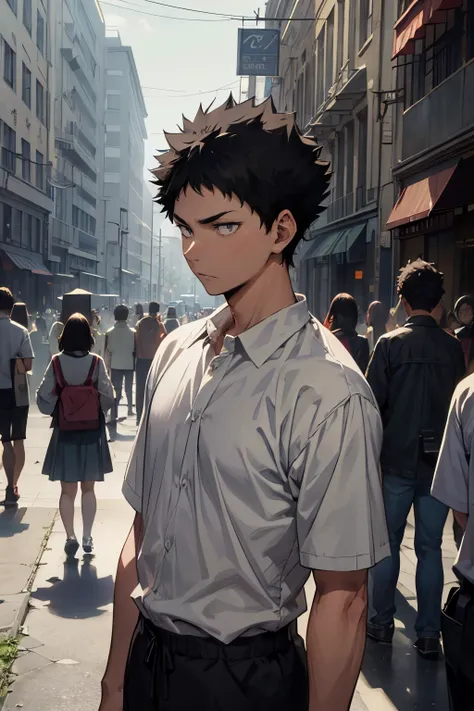 masterpiece, cinematic lighting, one man standing in college campus, upper body, iwaizumi, black hair, short hair, wistful expre...