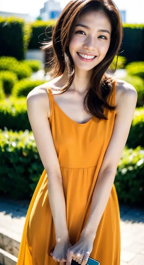 nffsw:1.2,City park in the evening、On asphalt、32K、Top image quality、Ochre sleeveless knit dress、no-bra、Panties、The body line is clear、Happy smile、（Bob Hair）、extremely flat chest、No valley、slender physique、small tits:1.5、stature: 155cm，Extraordinary beauty、...