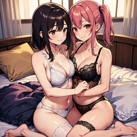 (Best Illustration, masutepiece) Bed in the bedroom A large amount of messy bras Two married women hugging each other on the bed A see-through camisole Lace micro underwear Lesbian A naughty smile