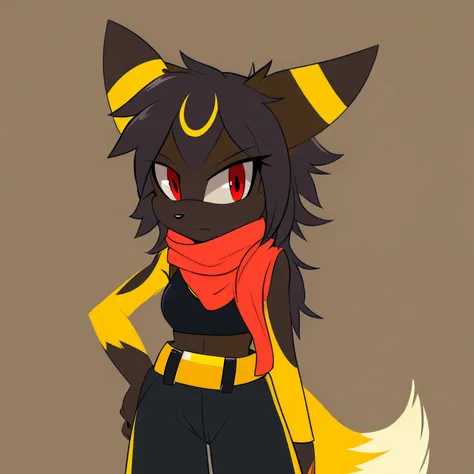 Solo, 1girl, Female, mobian, Umbreon, an anthropomorphic fox, teal anime styled scarf, sports bra, baggy pants, red eyes, furry, tough expression, brown tactical belt, shoulder length and fuzzy hair, fuzzy muzzle, black muzzle, black fur