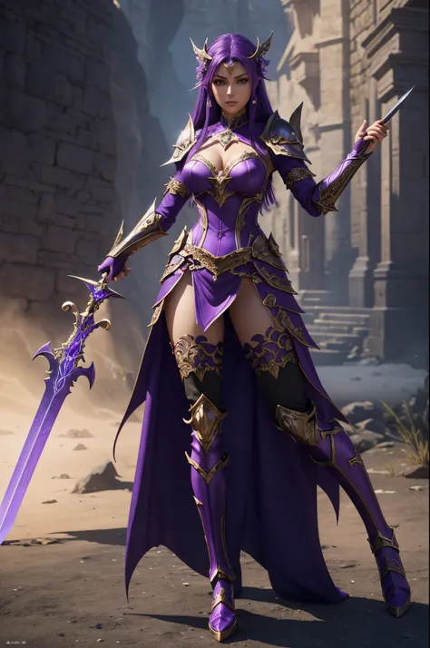 Alafed woman in purple costume posing with sword, super detailed fantasy characters, 3 d render character art 8 k, ArtGerm ; 3d unreal engine, fantasy outfit, 4 k detail fantasy, 2. 5 d cgi anime fantasy artwork, stunning armor, fantasy character, Stunning...