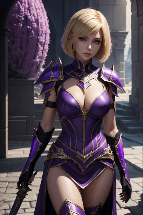 Super beautiful woman with short blonde bob,Arafed woman in purple and black costume posing with a sword, super detailed fantasy characters, 3 d render character art 8 k, Blue eyes,ArtGerm ; 3d unreal engine, fantasy outfit, 4 k detail fantasy, 2. 5 d cgi ...