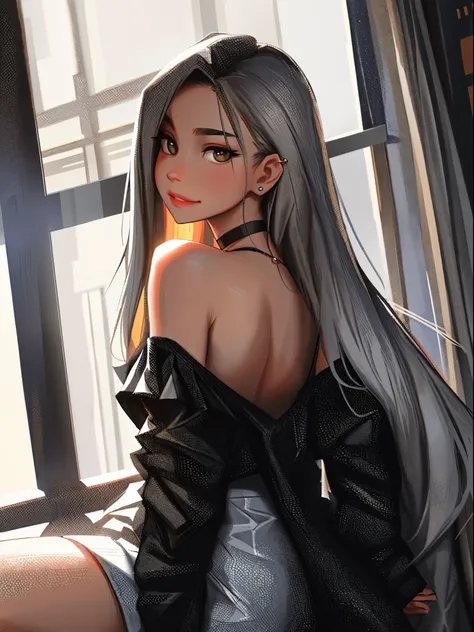 same， girl， Take a step back， exposed bare shoulders， 黑The eye， dark circles， Brown hair， ear nipple ring， jewely， Open your lips， Long gray hair， looking at viewert， back to look back， choker necklace， cropped shoulders， The lips are slightly open， sporty...