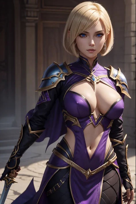 Super beautiful woman with short blonde bob,Arafed woman in purple and black costume posing with a sword, super detailed fantasy characters, 3 d render character art 8 k, Blue eyes,ArtGerm ; 3d unreal engine, fantasy outfit, 4 k detail fantasy, 2. 5 d cgi ...