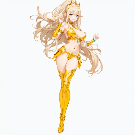 ​masterpiece、top-quality、ighly detailed、hight resolution、１６ｋ、fullnude、teats、Boob proportions、golden armour、Very thin skirt、Black pants、Full body like、Very white skin、Beautiful fingers、Anime girl with very big breasts posing naked、Perfect Style、elvish、no-br...