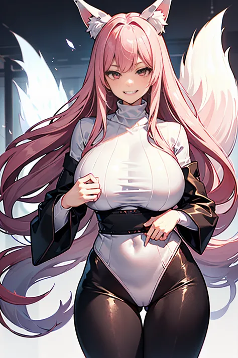 Long pink hair, Japanese, gigantic chest, tight clothing, (black leggings:1.2), (white turtleneck:1.6), big thighs, sadistic grin, (Fox girl:1.2), half body, big pink eyes