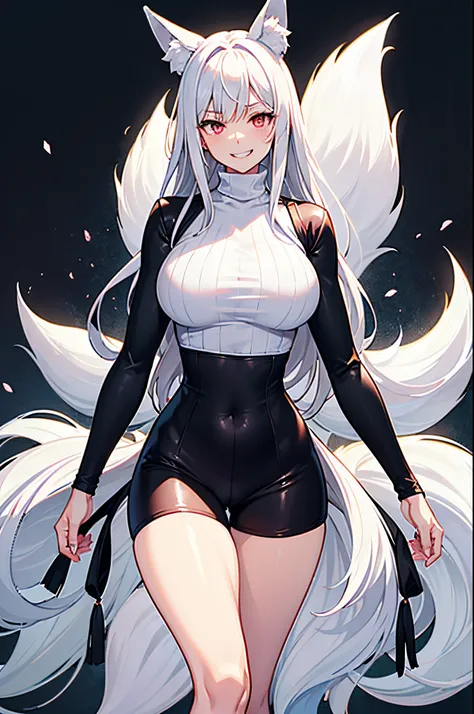 Long white hair, Japanese, gigantic chest, tight clothing, (black leggings:1.2), (white turtleneck:1.6), big thighs, sadistic grin, (Fox girl:1.2), half body, big pink eyes