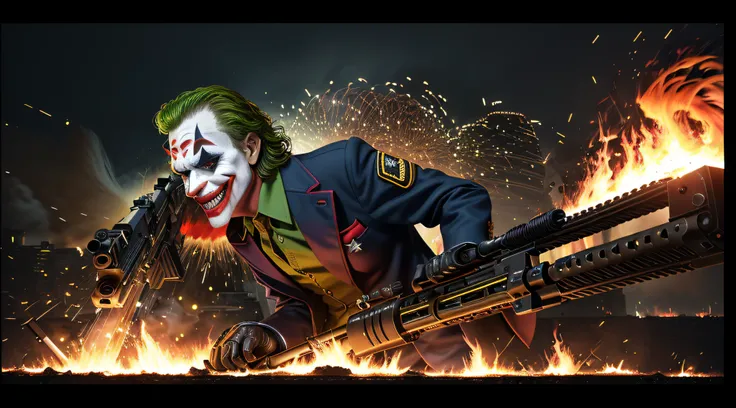 (((one soldier))), ((( Joker Clown:1.4 with a rifle:1.2, bright burning eyes:1.4,))), (teasing smile:1.4), (Best quality,4K,8K,A high resolution,Masterpiece:1.2),Ultra-detailed,(Realistic,Photorealistic,photo-realistic:1.37), very bright colors, light part...