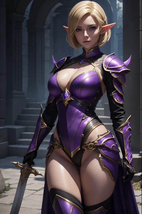 Super beautiful elf with short blonde bob,Arafed woman in purple and black costume posing with a sword, super detailed fantasy characters, 3 d render character art 8 k, Blue eyes,ArtGerm ; 3d unreal engine, fantasy outfit, 4 k detail fantasy, 2. 5 d cgi an...