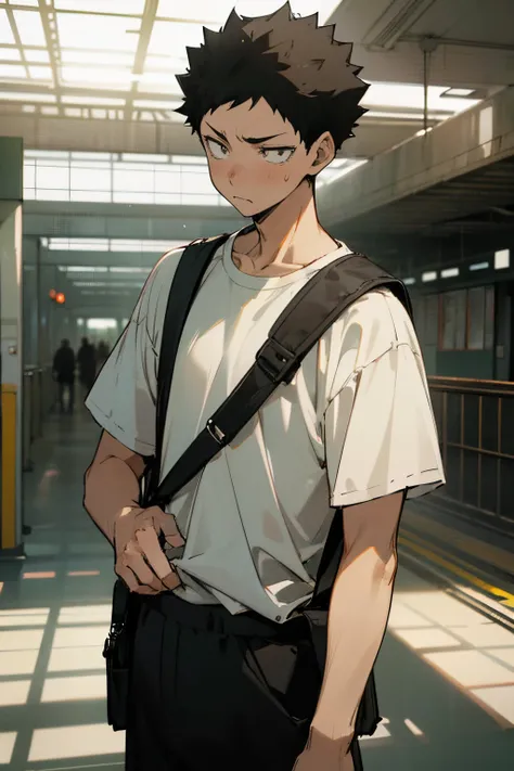 masterpiece, cinematic lighting, one man standing in train station, subway, upper body, iwaizumi, black hair, short hair, wistfu...