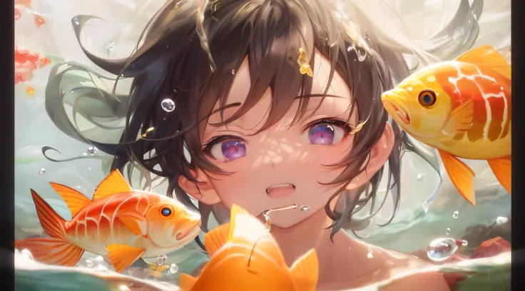 Cartoon boy with fish in water with air bubbles and bubbles, Guviz-style artwork, detailed digital anime art, Anime art wallpaper 4k, Anime art wallpaper 4k, Popular topics on artstation pixiv, 4k manga wallpapers, Anime art wallpaper 8 K, Anime style 4k, ...