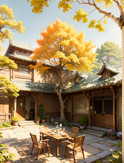 Draw a courtyard with tables and chairs and a tree, Chinese courtyard, the structure of the house is simple in Chinese, warm late autumn warm colors, tables and chairs in the yard, fruit plates on the table, flowers and plants around, beautiful artwork ill...