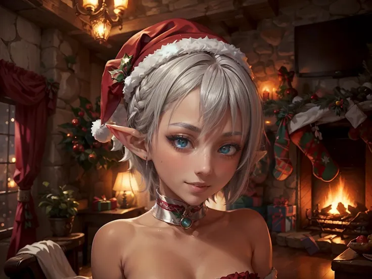 (master piece: 1.1), 1girl, teen, mature, emphasis on face, detailed face, (high detailed eyes), lined eyes, (pointy ears, eyes have a bright silver), (dark skin), tan, dark skin, shy face, (blushing face), anime character, smiling, Elf, (christmas costume...