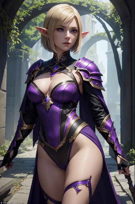 Super beautiful elf with short blonde bob,Arafed woman in purple and black costume posing with a sword, super detailed fantasy characters, 3 d render character art 8 k, Blue eyes,ArtGerm ; 3d unreal engine, fantasy outfit, 4 k detail fantasy, 2. 5 d cgi an...