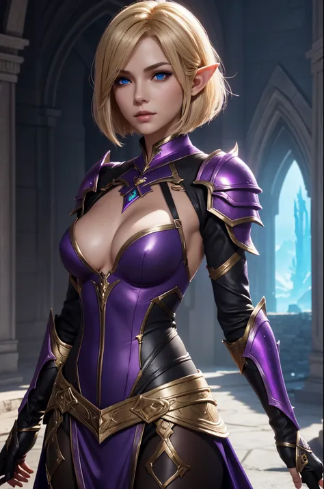 Super beautiful elf with short blonde bob,Arafed woman in purple and black costume posing with a sword, super detailed fantasy characters, 3 d render character art 8 k, Blue eyes,ArtGerm ; 3d unreal engine, fantasy outfit, 4 k detail fantasy, 2. 5 d cgi an...