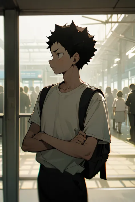 masterpiece, cinematic lighting, one man standing in train station, subway, upper body, iwaizumi, black hair, short hair, wistfu...