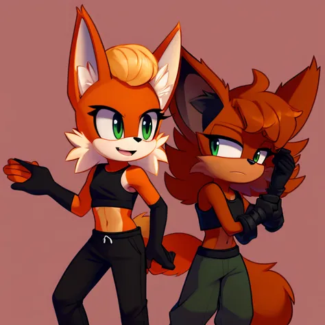 Female, mobian, Flareon, an anthropomorphic fox, mane of fur, dark green eyes, furry, confident expression, black top, shoulder less black sleeves, little bit torn baggy black pants, black waistbands, curled tuft of fur on head, orangey red muzzle, fuzzy o...