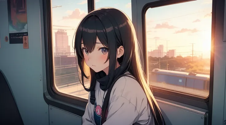 anime girl sitting on a train looking out the window, beautiful anime portrait, lofi portrait at a window, beautiful anime girl, lofi portrait, lofi girl, portrait anime girl, artwork in the style of guweiz, high quality portrait, with sunset, attractive a...