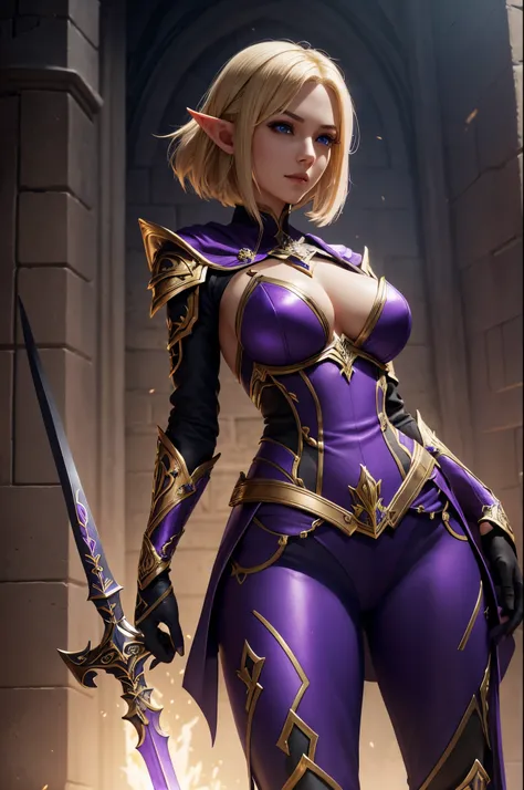 Super beautiful elf with short blonde bob,Arafed woman in purple and black costume posing with a sword, super detailed fantasy characters, 3 d render character art 8 k, Blue eyes,ArtGerm ; 3d unreal engine, fantasy outfit, 4 k detail fantasy, 2. 5 d cgi an...