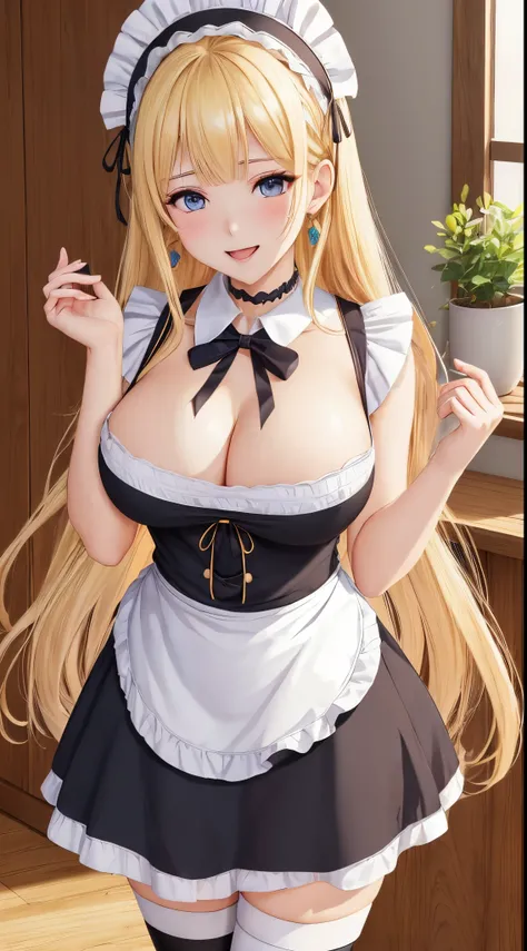 (Best Quality, masutepiece, Official art, hight resolution:1.2), the Extremely Detailed CG Unity 8K Wallpapers, photographrealistic, ultra-detailliert, (24-year-old Russian girl, Solo, maid), Long hair, (Blonde hair:1.2), (Bangs), Smile, prefect face, Pre-...