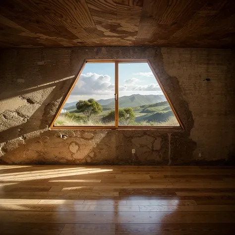 It&#39;s a room, with wooden floor, parede de cor cinza com cortinas, and the trapezoid-shaped window