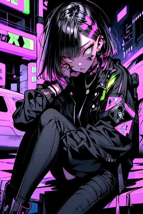 girl, orenge long hair, cool black open short jacket, tatoos, messy fade cut hair, crazy, sit pose, on futuristic neon night street background,poser