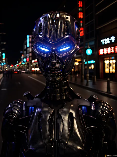 cinematic, tx endoskeleton at tokyo city street, night time, dark lighting, (t-x endoskeleton:1.2), detailed tx endoskeleton, ch...