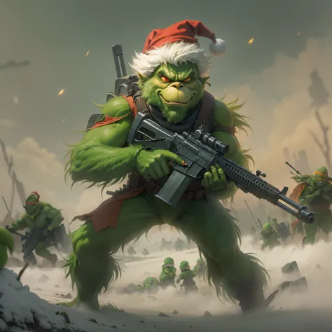 A heavily armed Grinch on the battlefield