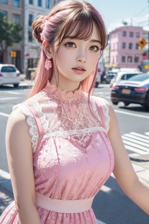 a woman posing on the street corner with pink dress on, best quality, high res, 8k, 1girl, (huge breasts), day, bright, outdoor, (street:0.8), (people, crowds:1), (lace-trimmed dress:1.5, pink clothes:1.5, pink high-neck dress:1.5, sleeveless dress, pink d...